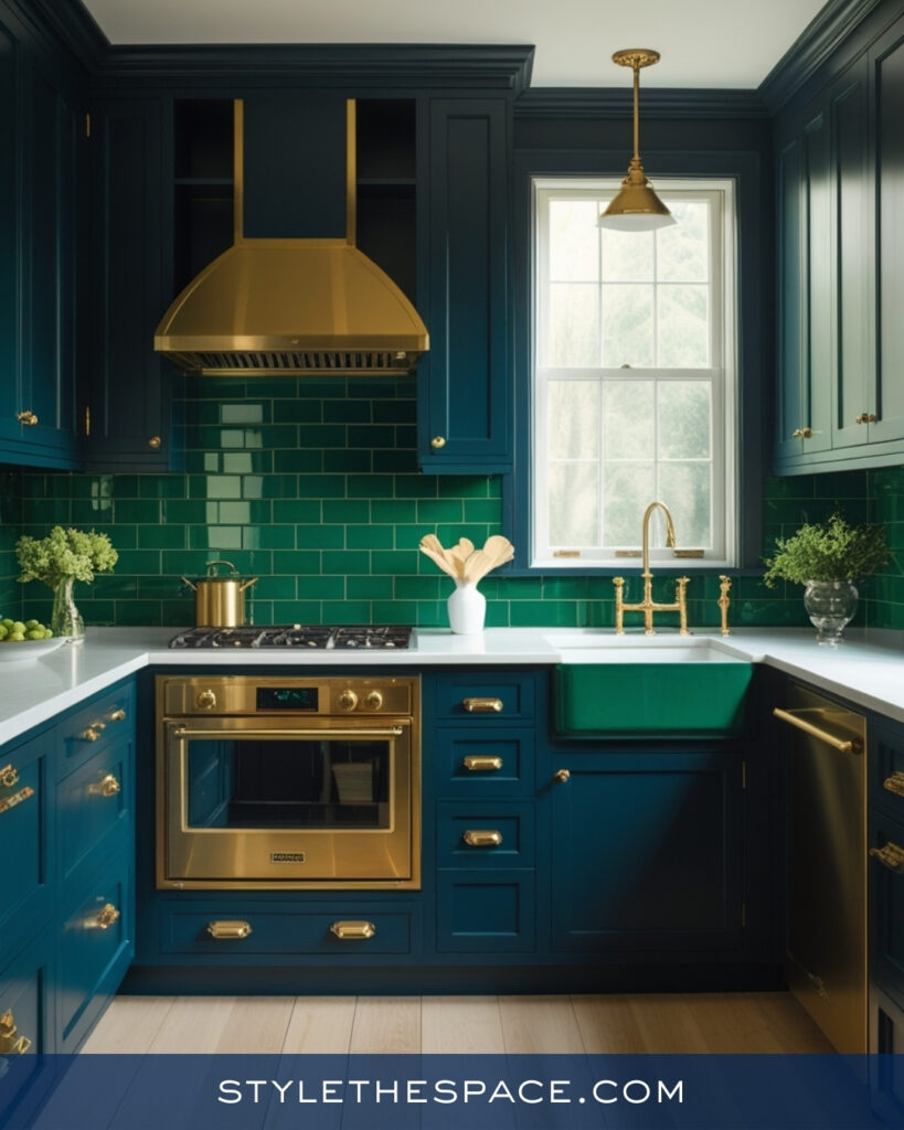 Navy Blue Kitchen With Emerald Green Tile and Brass Accents
