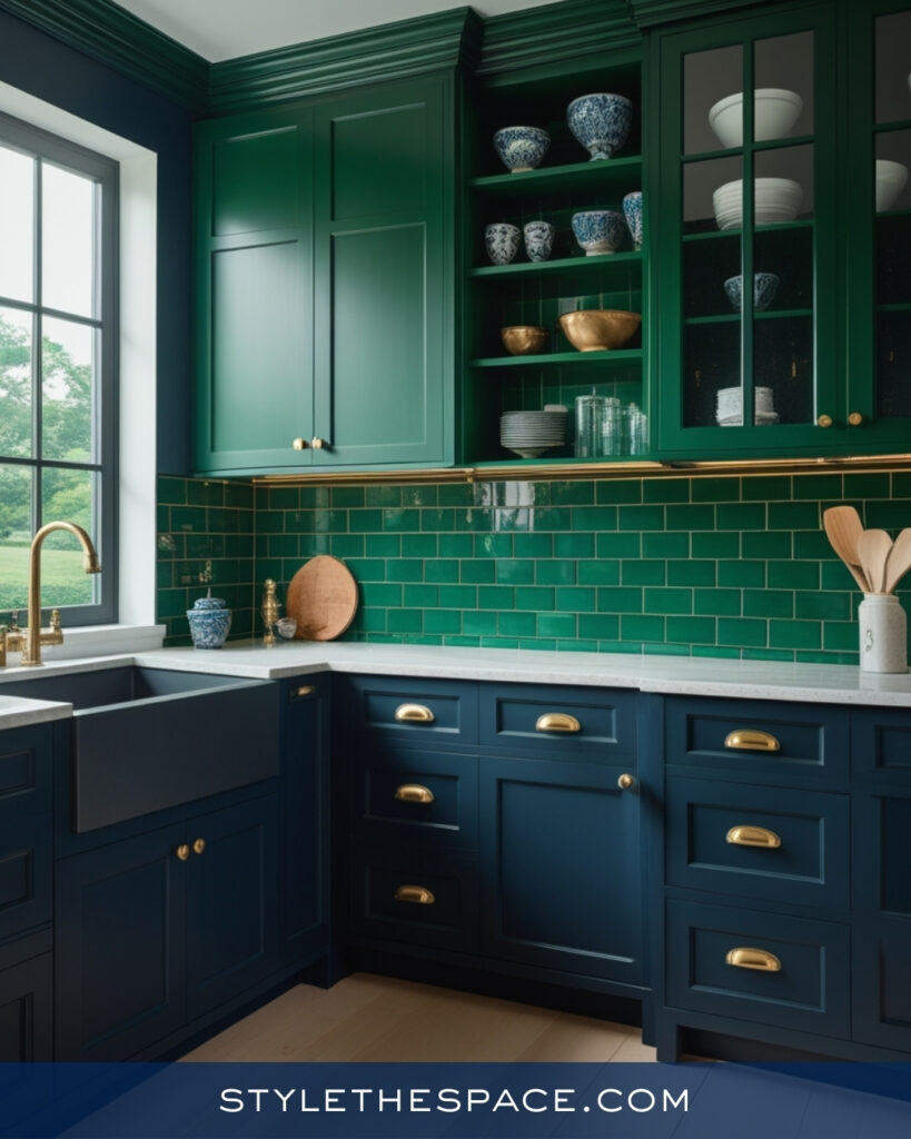 Navy Blue Kitchen With Emerald Green Tile and Brass Accents