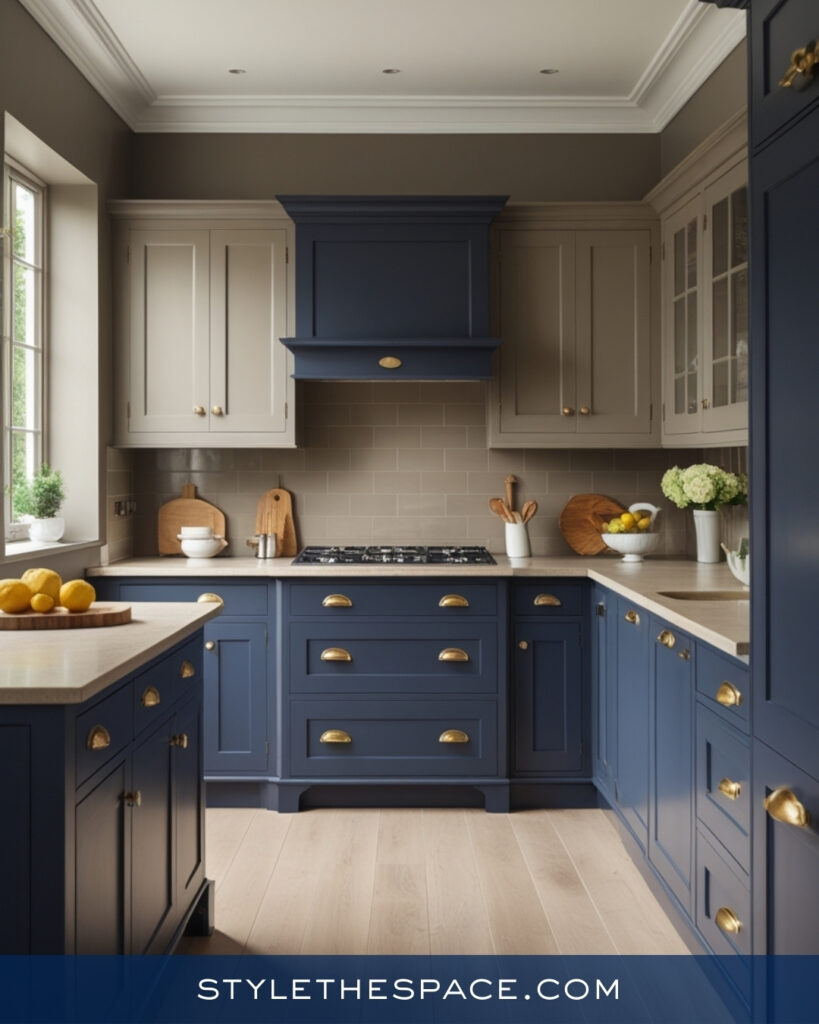 Classic Navy Blue Kitchen With Soft Neutral Backdrop
