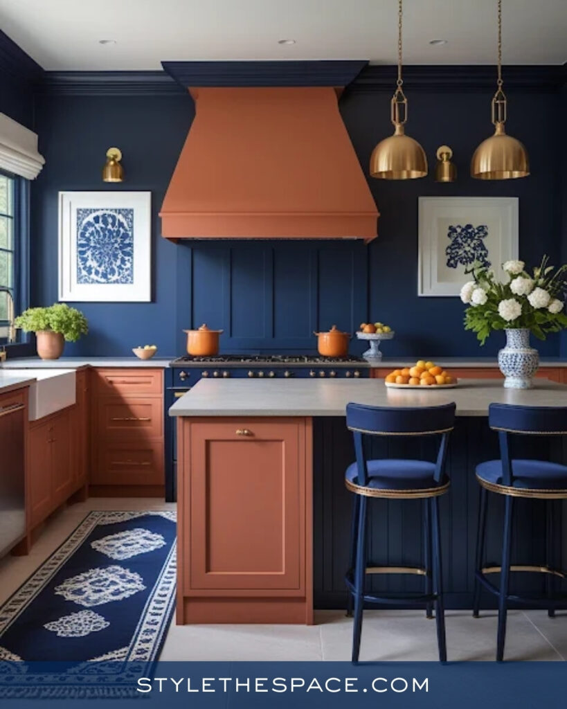 Classic Navy Blue Kitchen With Warm Terracotta Cabinets
