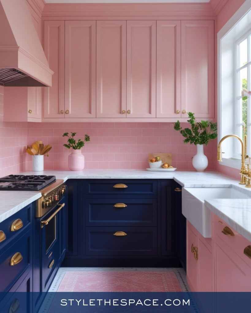 Navy Blue Kitchen With Soft Blush Pink Contrast