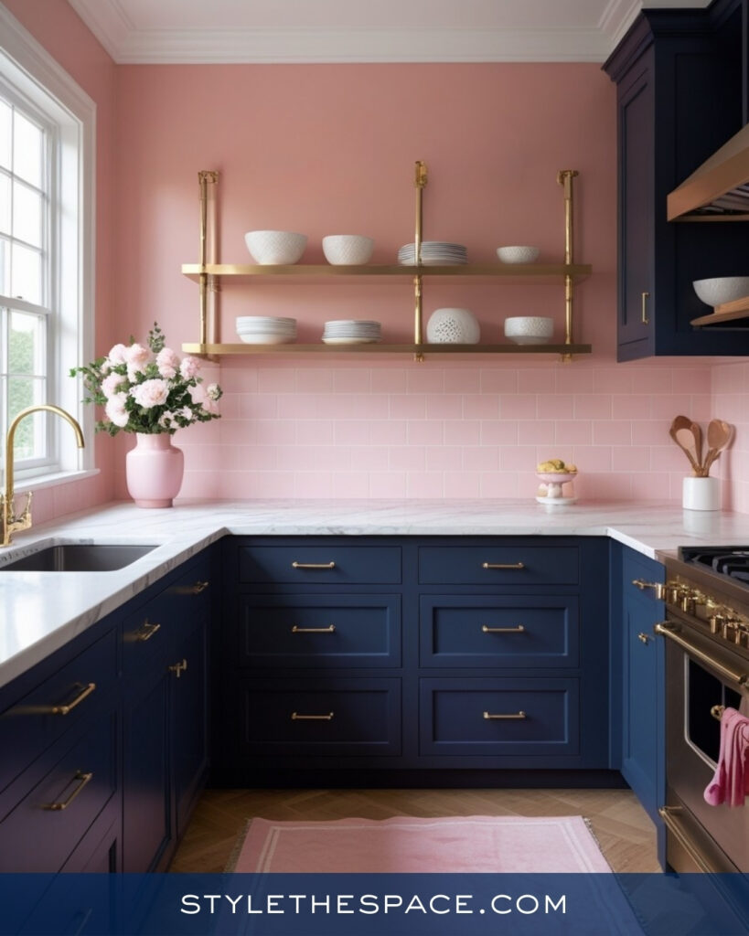 Navy Blue Kitchen With Soft Blush Pink Contrast