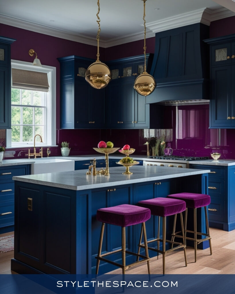 Navy Blue Kitchen With Rich Plum and Gold Accents