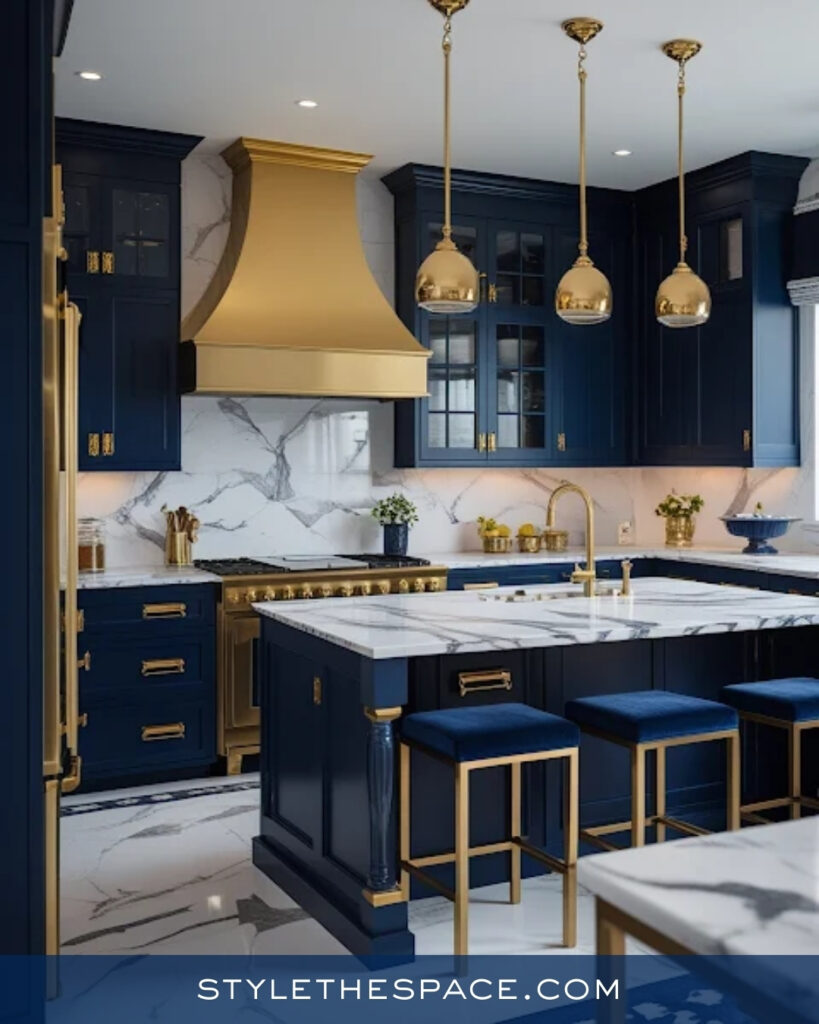 Luxury Navy Blue Kitchen With Brass and Marble Accents