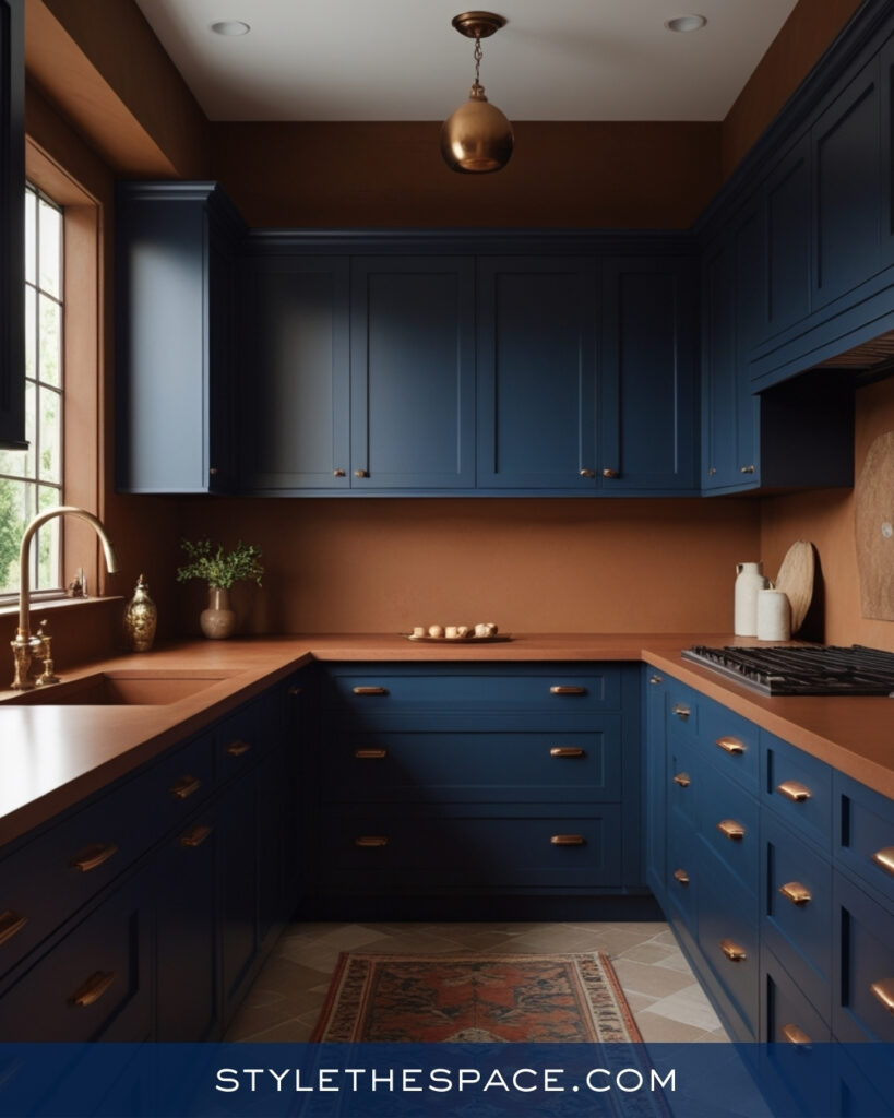 Navy Blue Kitchen With Warm Mocha and Brass Accents