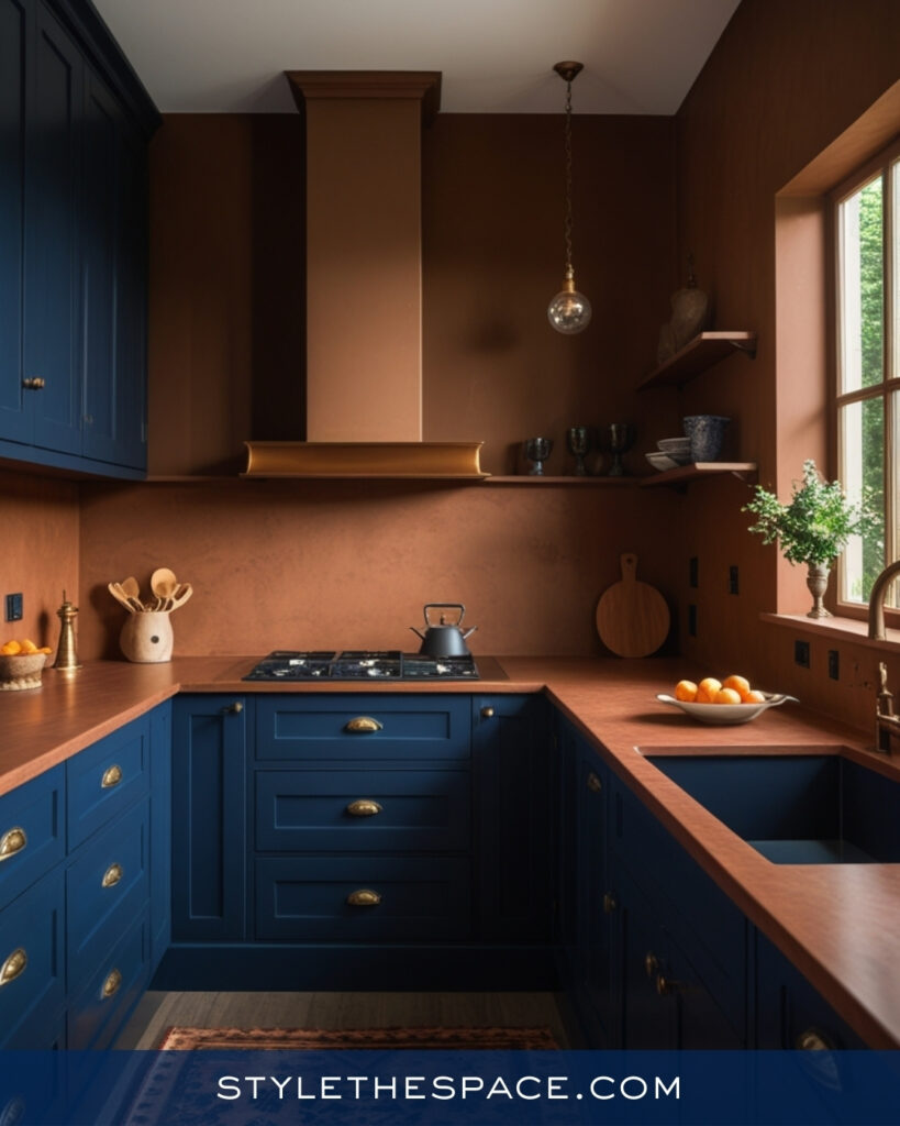 Navy Blue Kitchen With Warm Mocha and Brass Accents