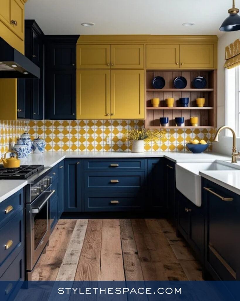 Navy Blue Kitchen With Mustard Yellow Contrast