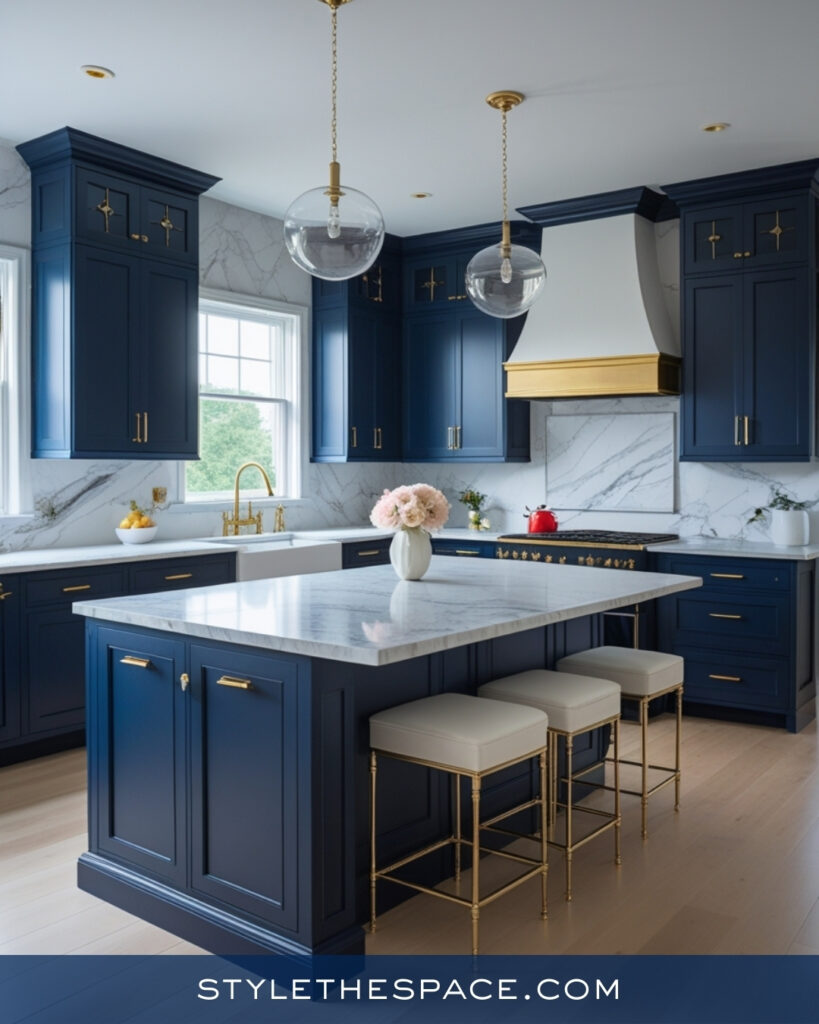 Elegant Navy Blue Kitchen With Marble and Gold Details
