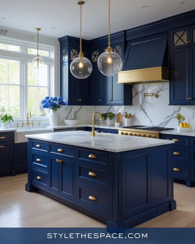Elegant Navy Blue Kitchen With Marble and Gold Details