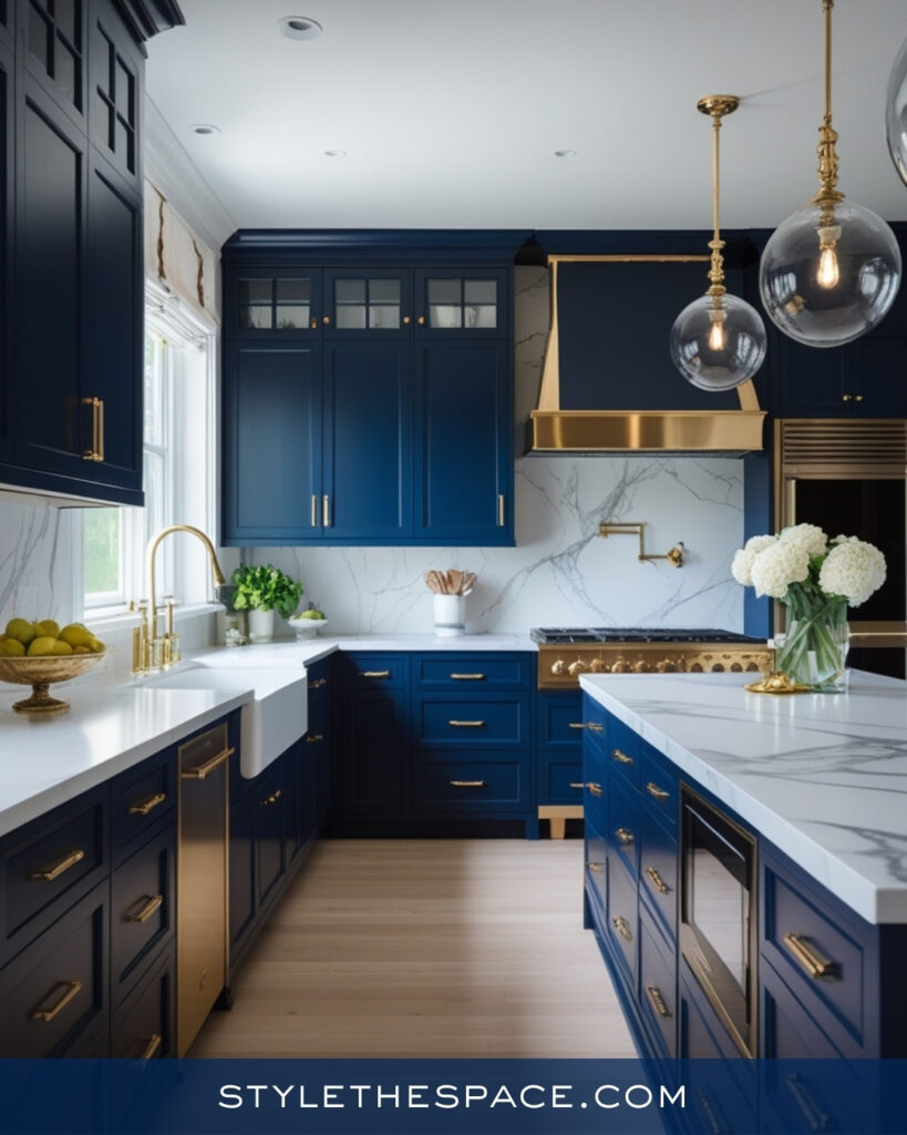 Elegant Navy Blue Kitchen With Marble and Gold Details