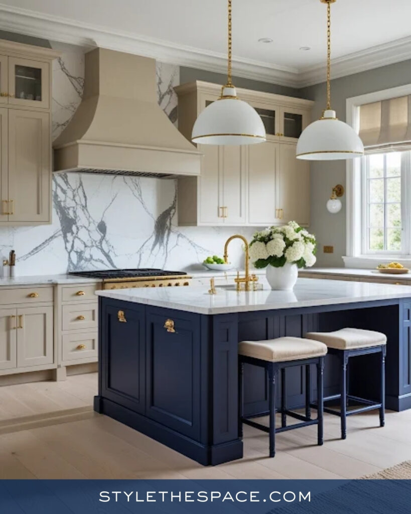 Navy Blue Island With Soft Cream Cabinetry