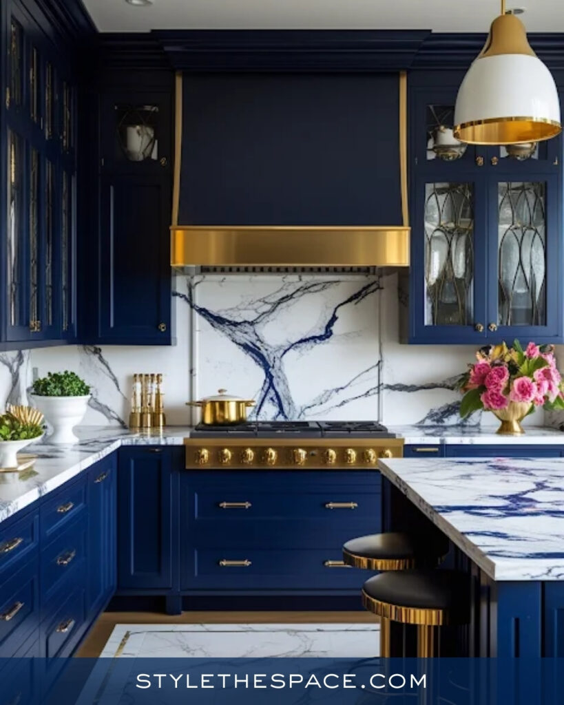 Luxury Navy Blue Kitchen With Brass and Marble Accents