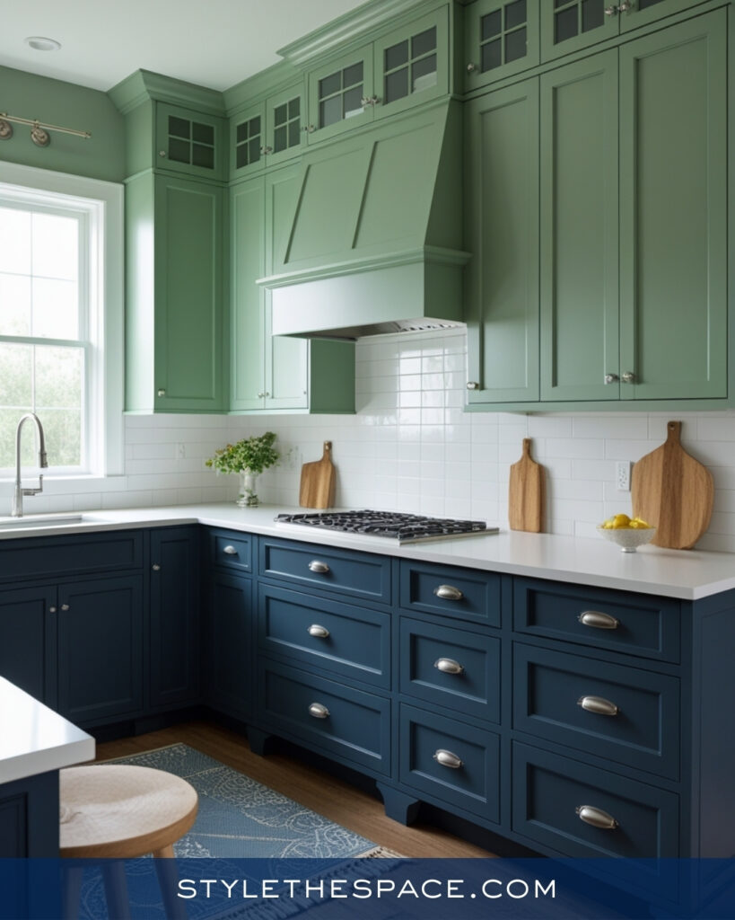 Navy Blue Kitchen With Soft Green Upper Cabinets