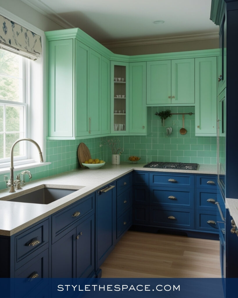 Navy Blue Kitchen With Soft Green Upper Cabinets