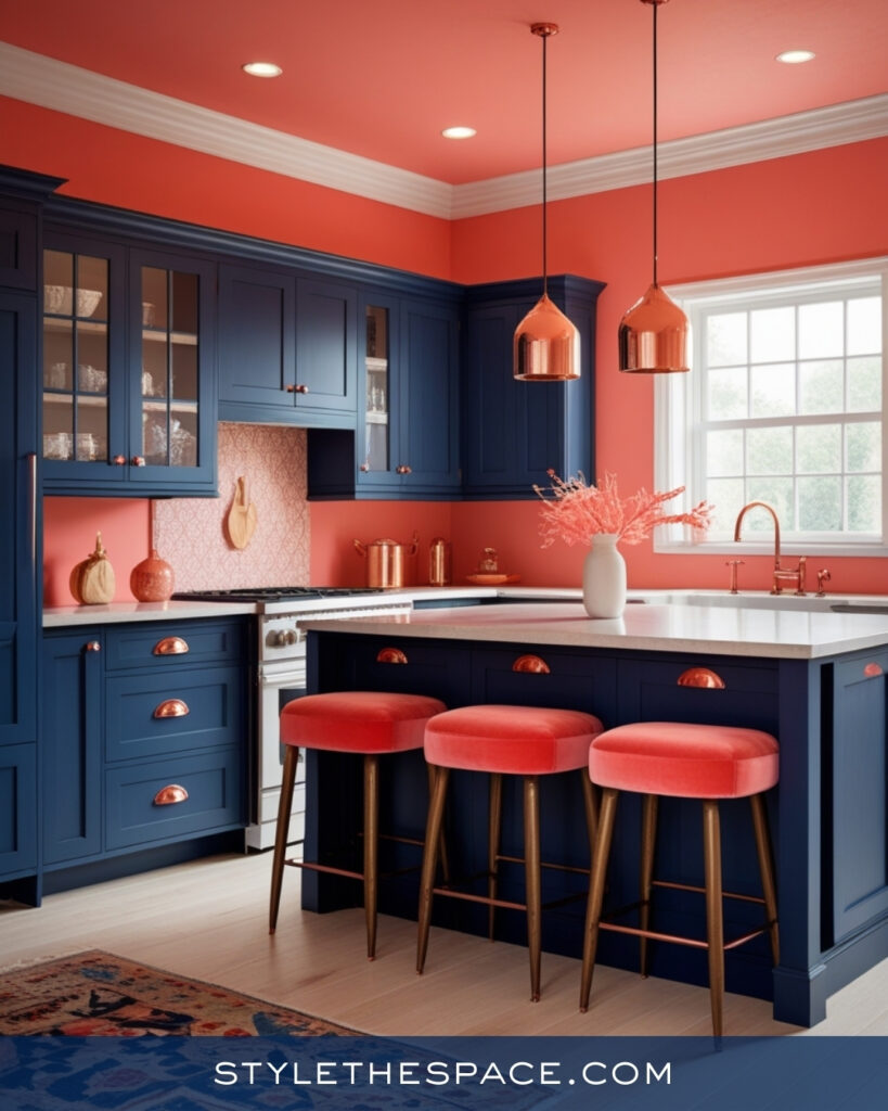 Navy Blue Kitchen With Coral and Copper Accents