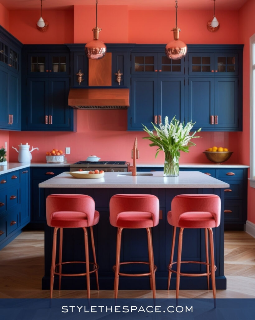 Navy Blue Kitchen With Coral and Copper Accents