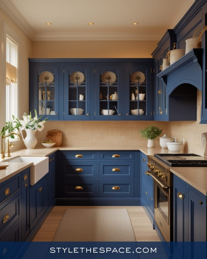 Classic Navy Blue Kitchen With Warm Beige Tones