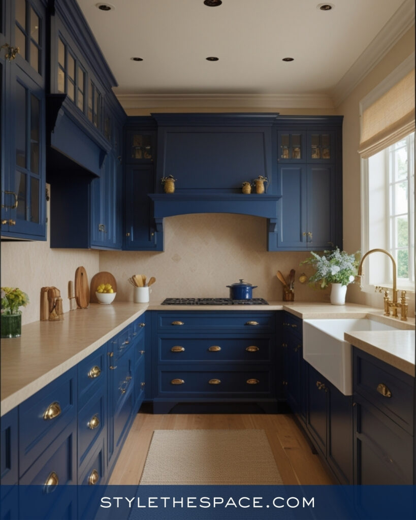 Classic Navy Blue Kitchen With Warm Beige Tones