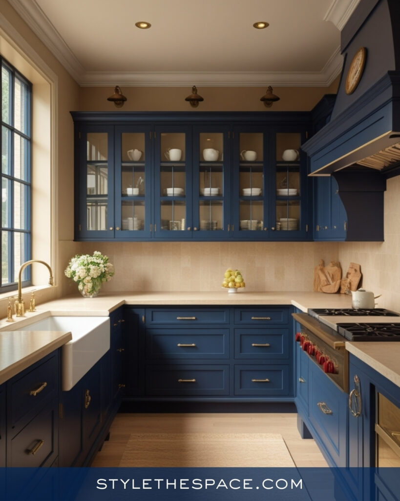 Classic Navy Blue Kitchen With Warm Beige Tones