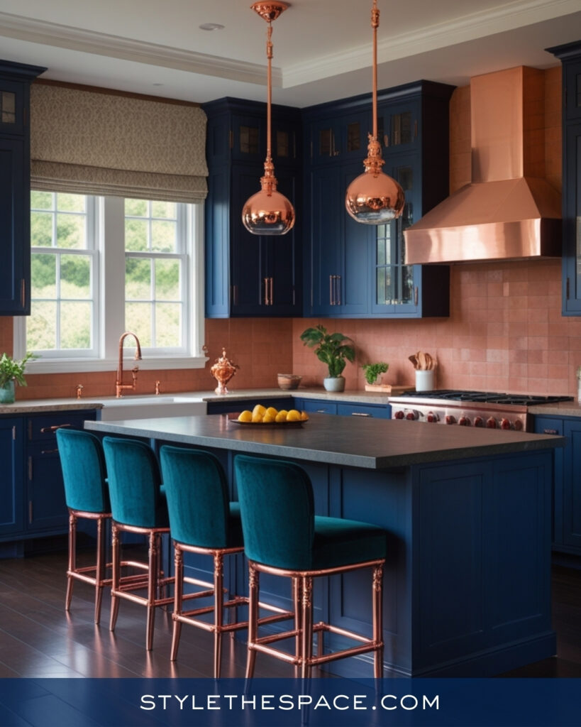 Navy Blue Kitchen With Copper and Teal Accents