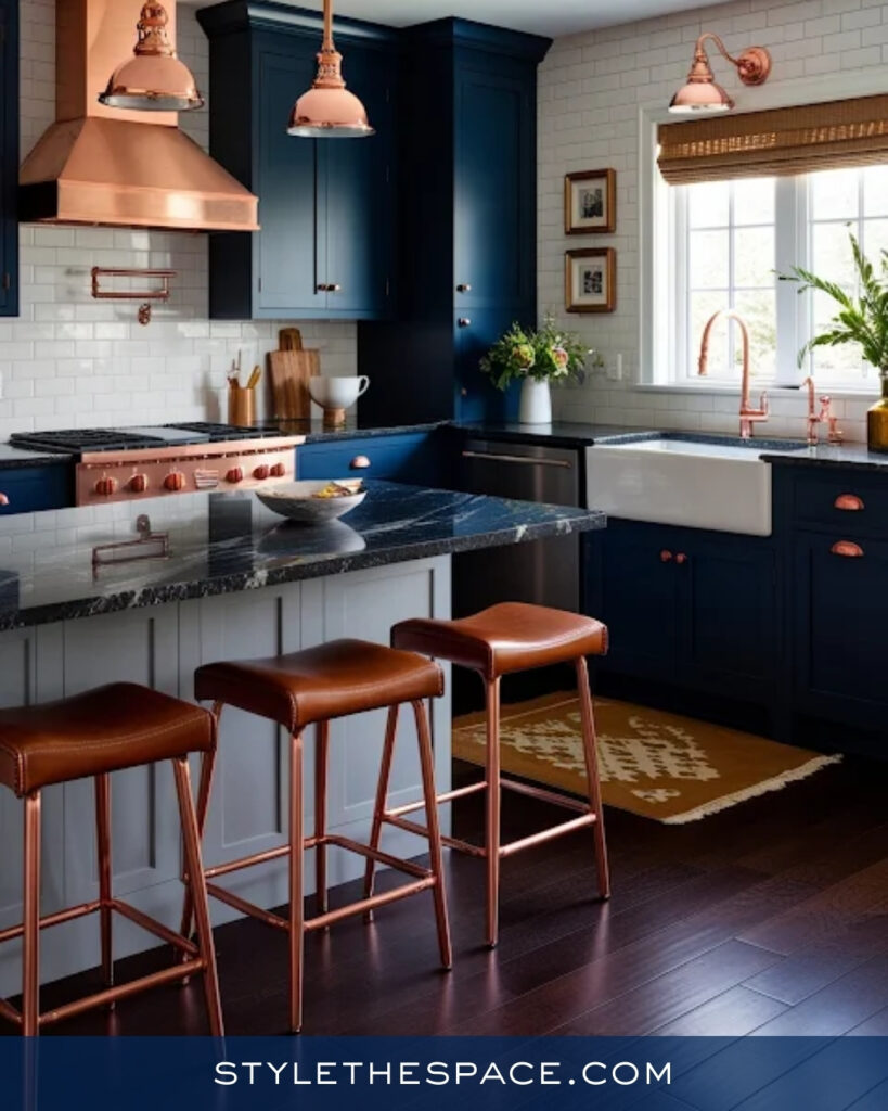 Navy Blue Kitchen With Copper Accents and Classic Charm