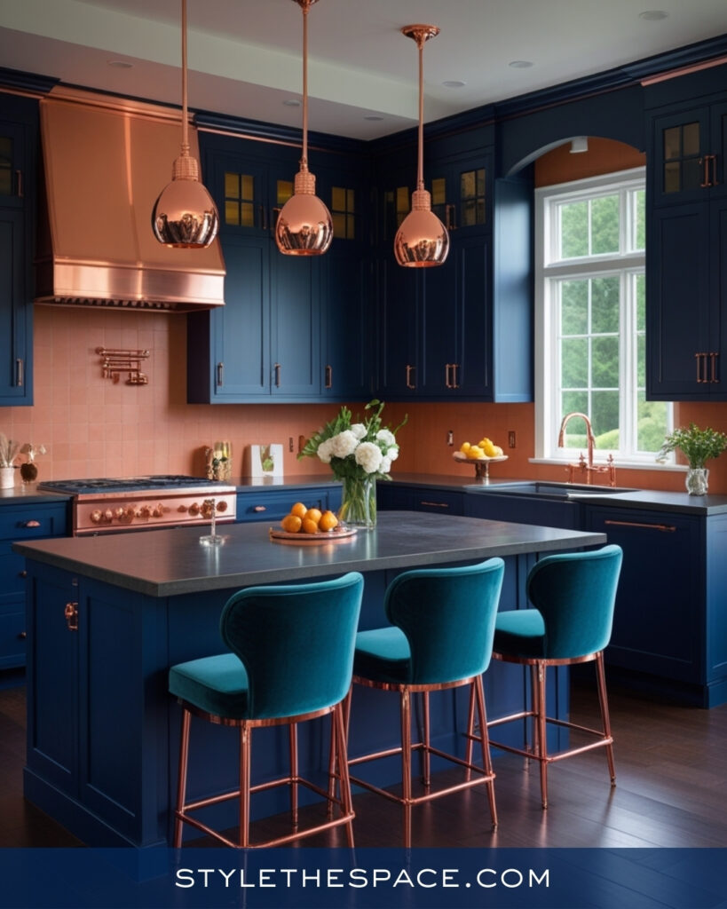 Navy Blue Kitchen With Copper and Teal Accents