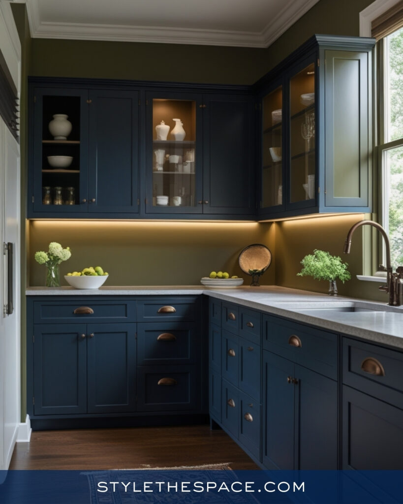 Moody Navy Blue Kitchen With Olive Green Walls