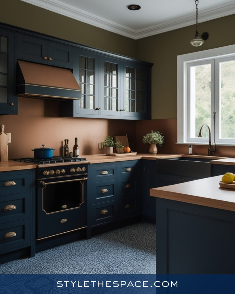 Moody Navy Blue Kitchen With Olive Green Walls