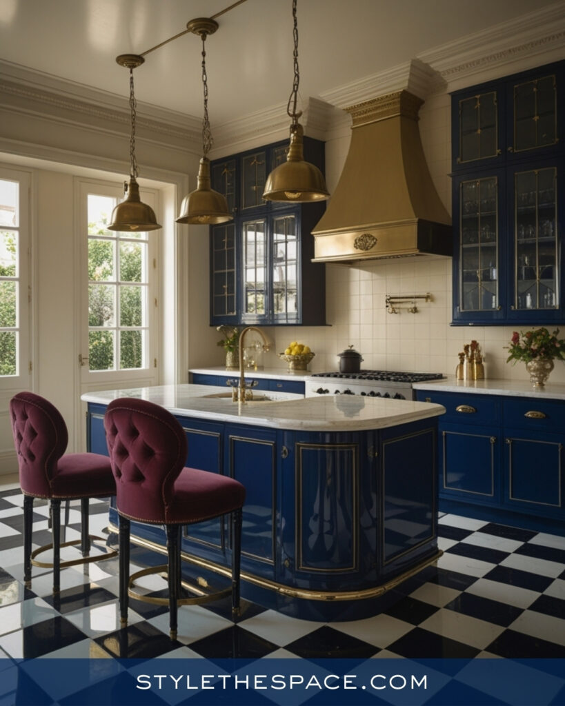 Elegant Navy Blue Kitchen With Brass and Marble Details
