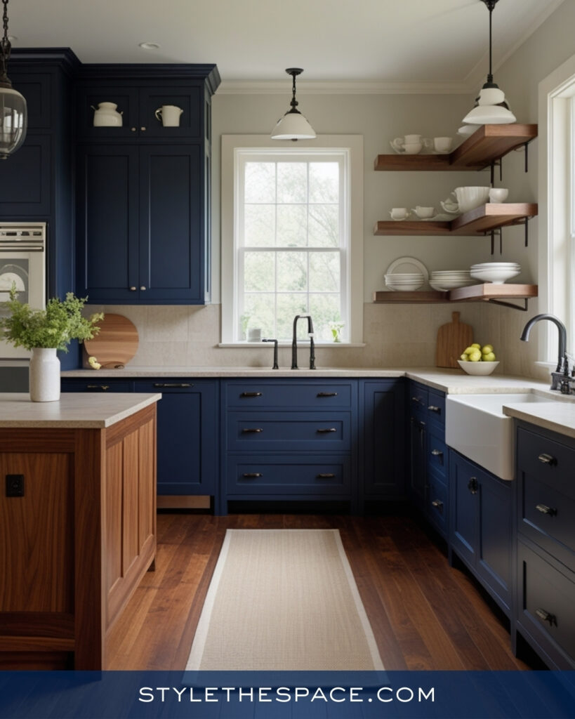 Navy Blue Kitchen With Warm Wood and Open Shelving