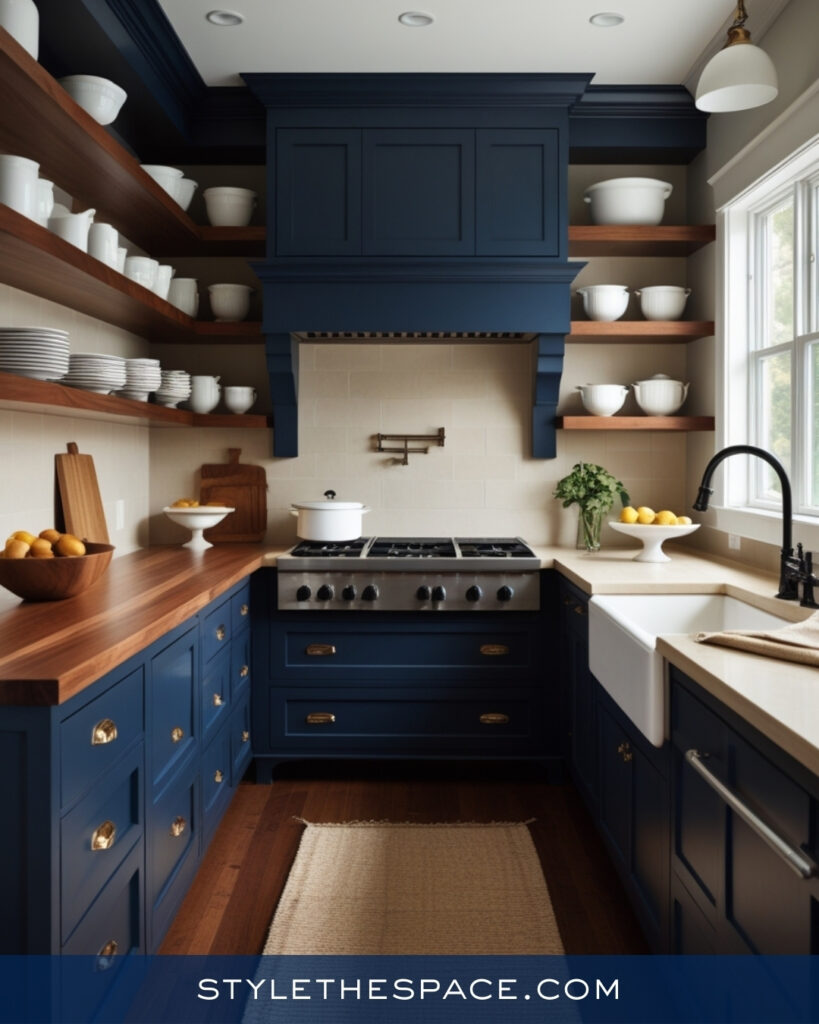 Navy Blue Kitchen With Warm Wood and Open Shelving