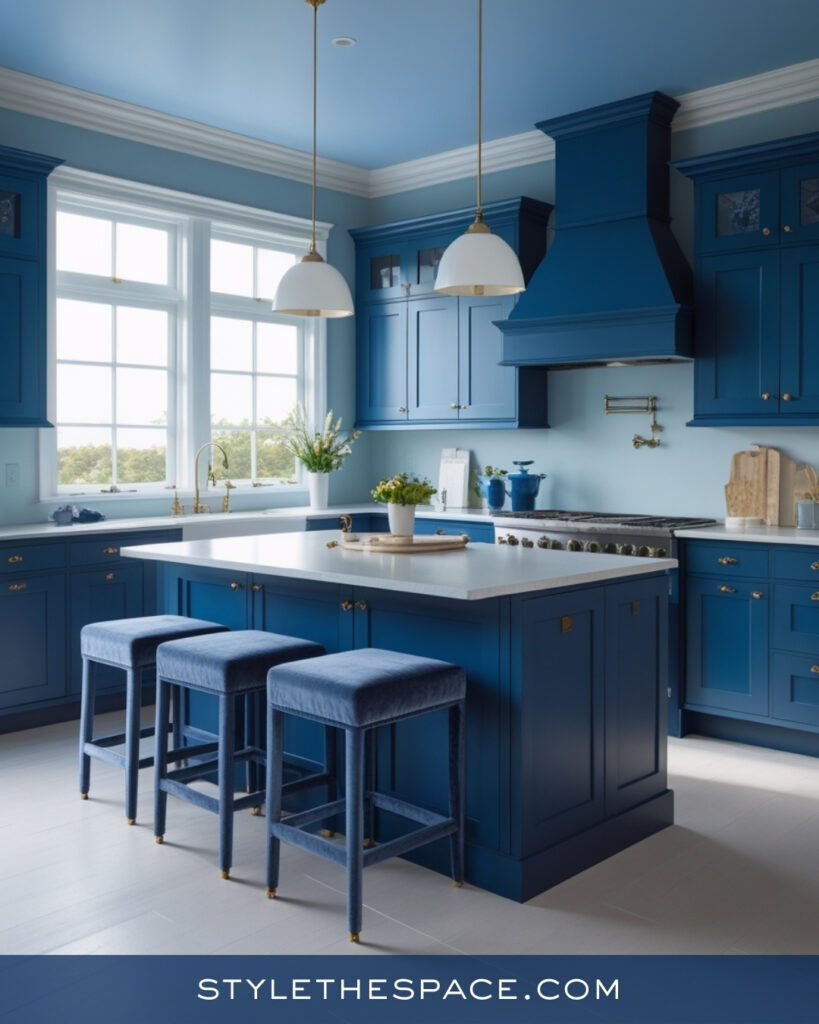 Bright Navy Blue Kitchen With Soft Blue Walls