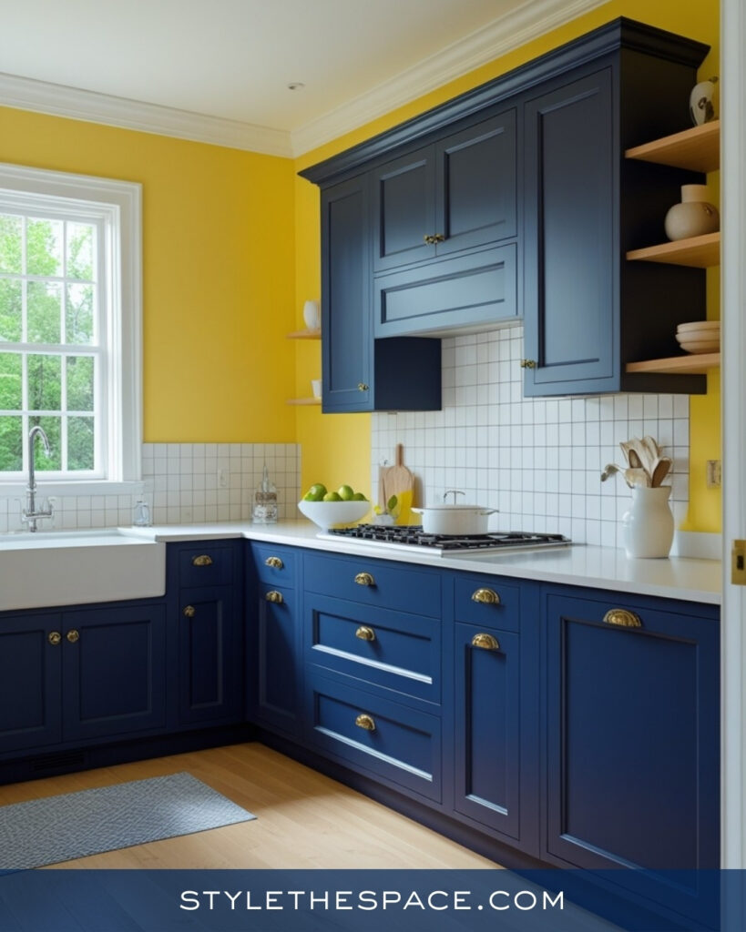 Navy Blue Kitchen With Cheerful Yellow Walls