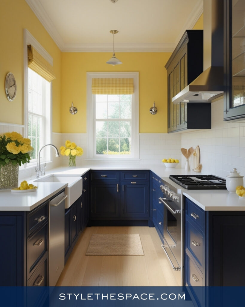 Navy Blue Kitchen With Cheerful Yellow Walls