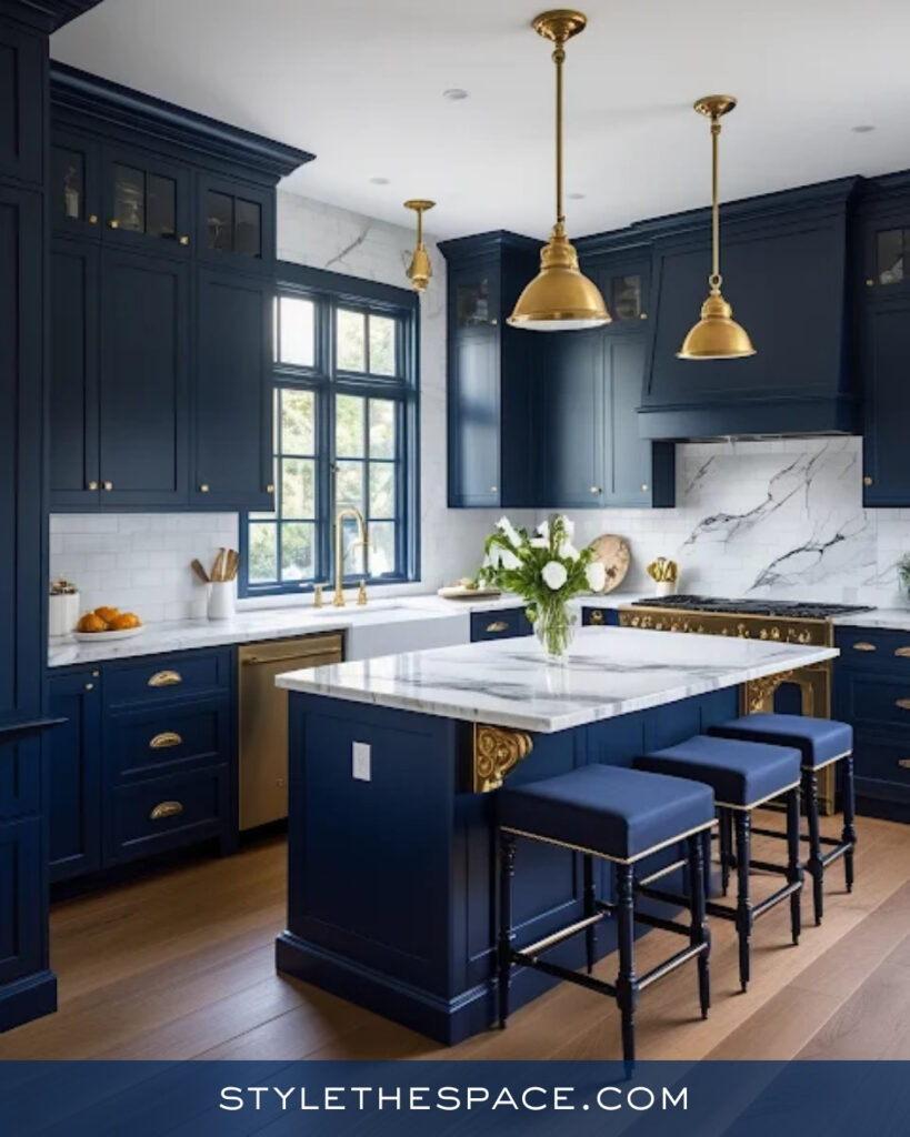 Elegant Navy Blue Kitchen With Brass Details