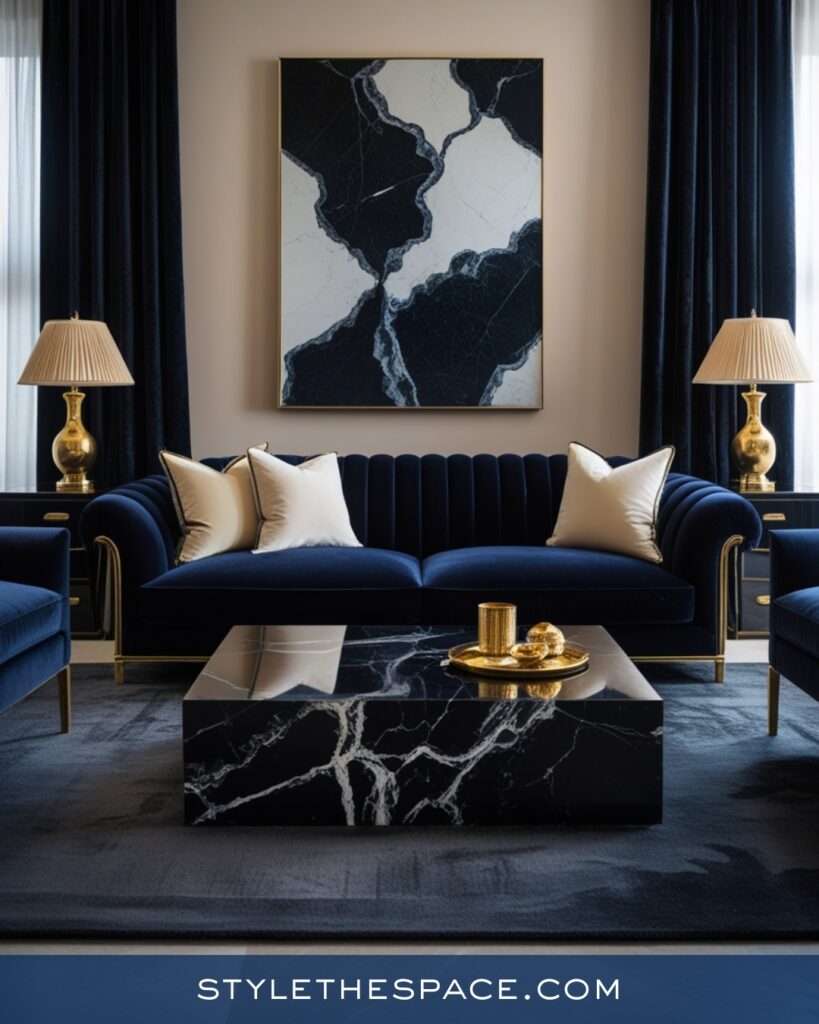 Elegant Navy Blue Living Room with Gold Accents