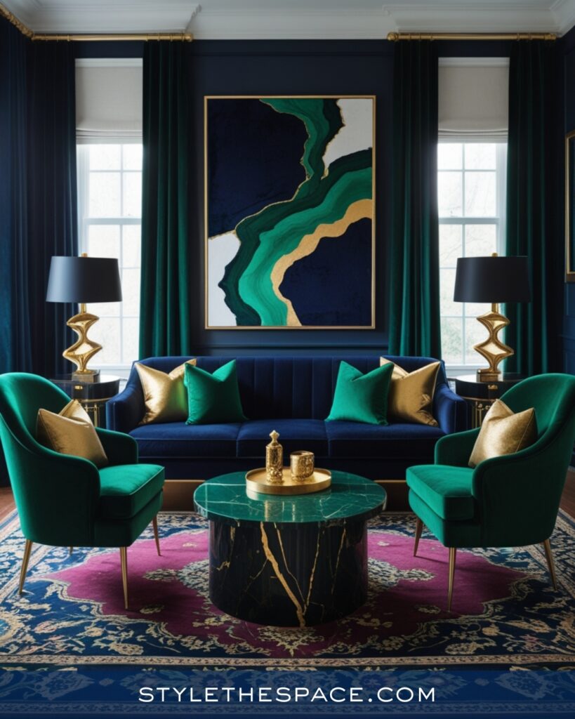 Luxury Navy Blue Living Room with Emerald and Gold Accents