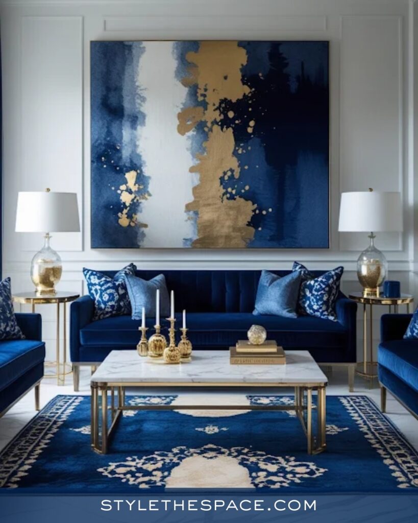 Refined Navy Blue Living Room with White and Gold Contrast