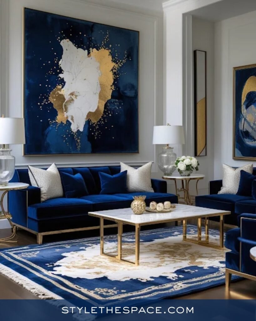 Refined Navy Blue Living Room with White and Gold Contrast