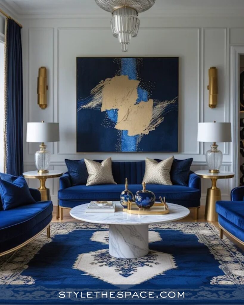 Refined Navy Blue Living Room with White and Gold Contrast