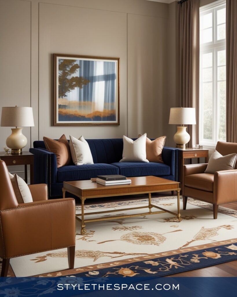 Warm Navy Blue Living Room with Camel Leather Accents