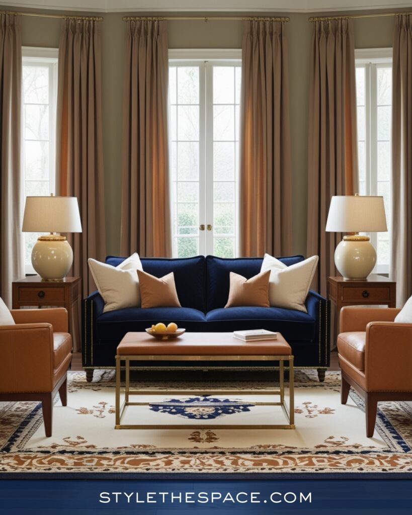 Warm Navy Blue Living Room with Camel Leather Accents