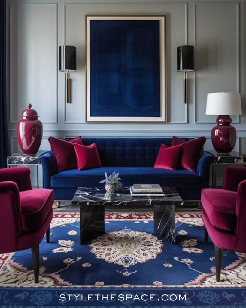 Bold Navy Blue Living Room with Burgundy Accents