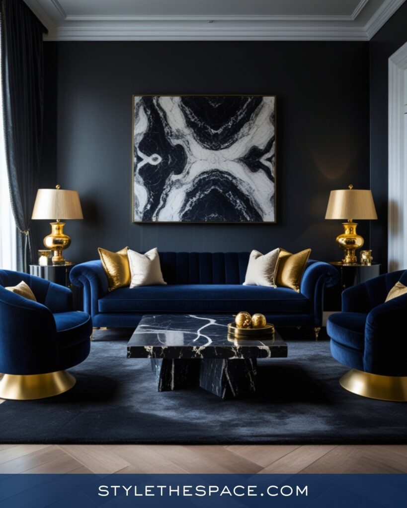 Elegant Navy Blue Living Room with Gold Accents