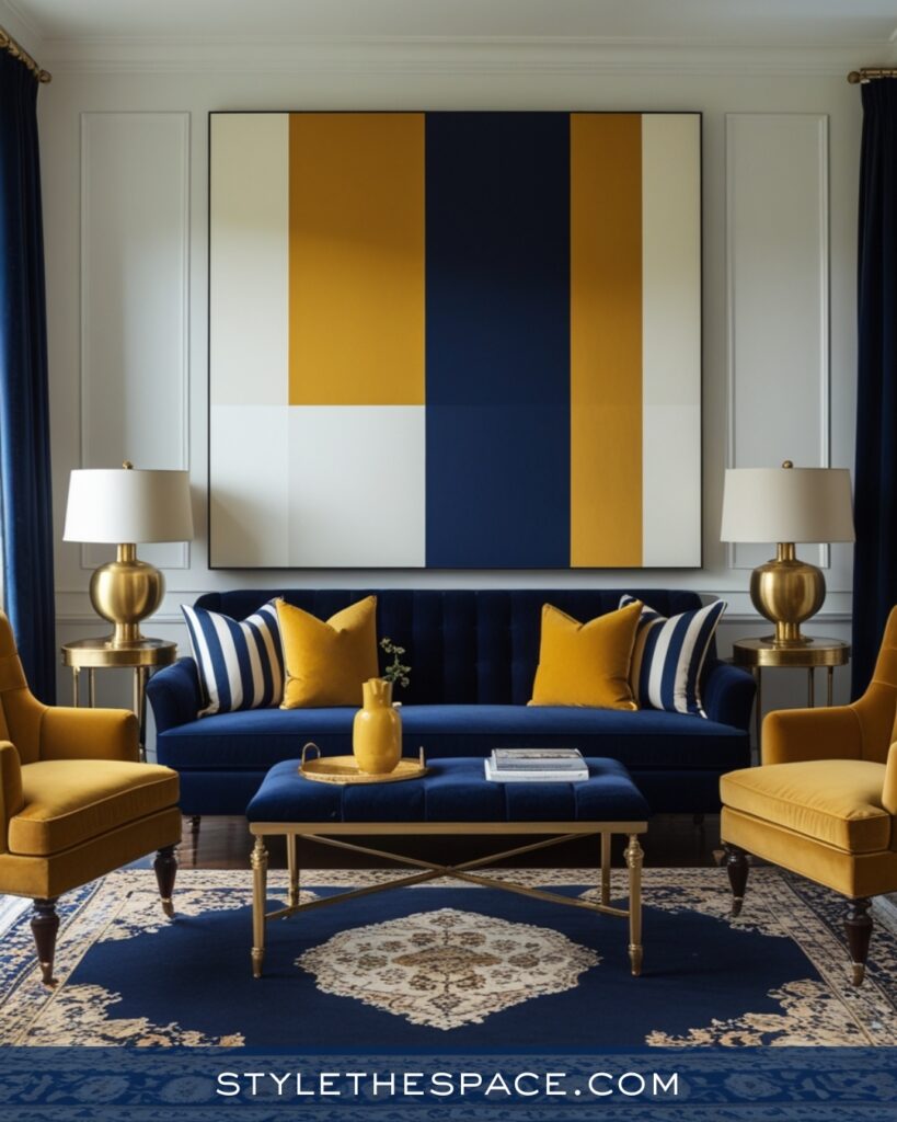 Navy Blue Living Room with Mustard Yellow Accents