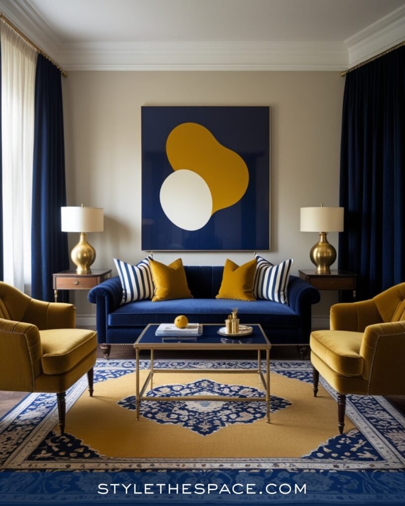 Navy Blue Living Room with Mustard Yellow Accents