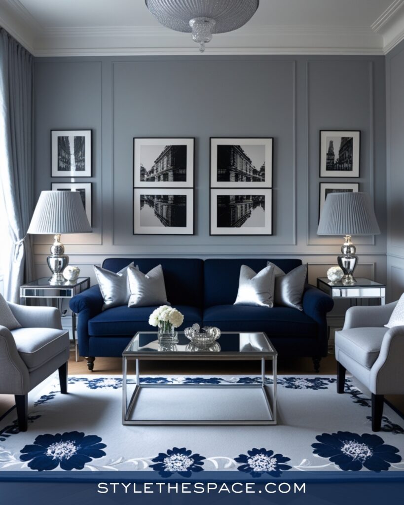 Soft Gray and Navy Blue Living Room with Silver Accents