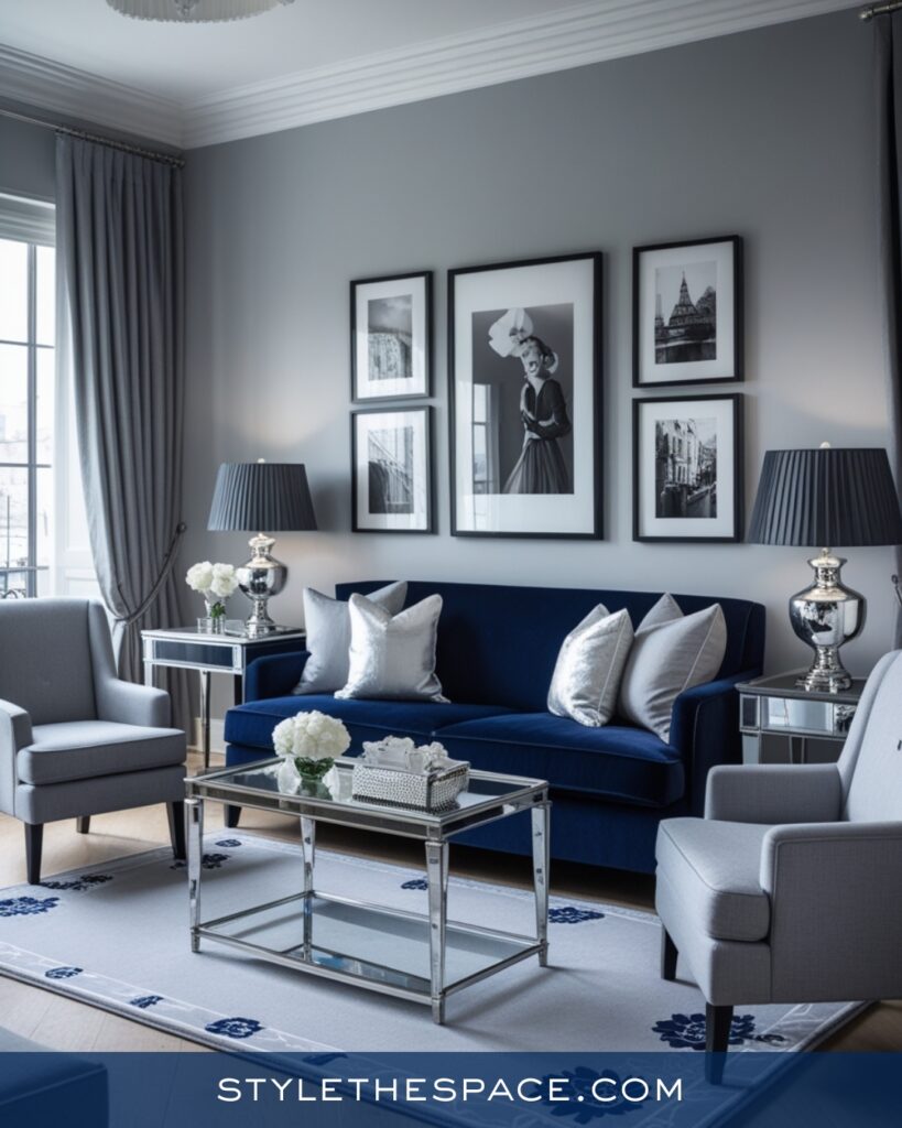 Soft Gray and Navy Blue Living Room with Silver Accents