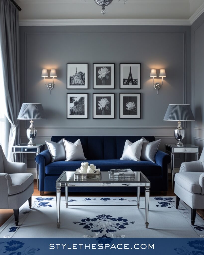 Soft Gray and Navy Blue Living Room with Silver Accents