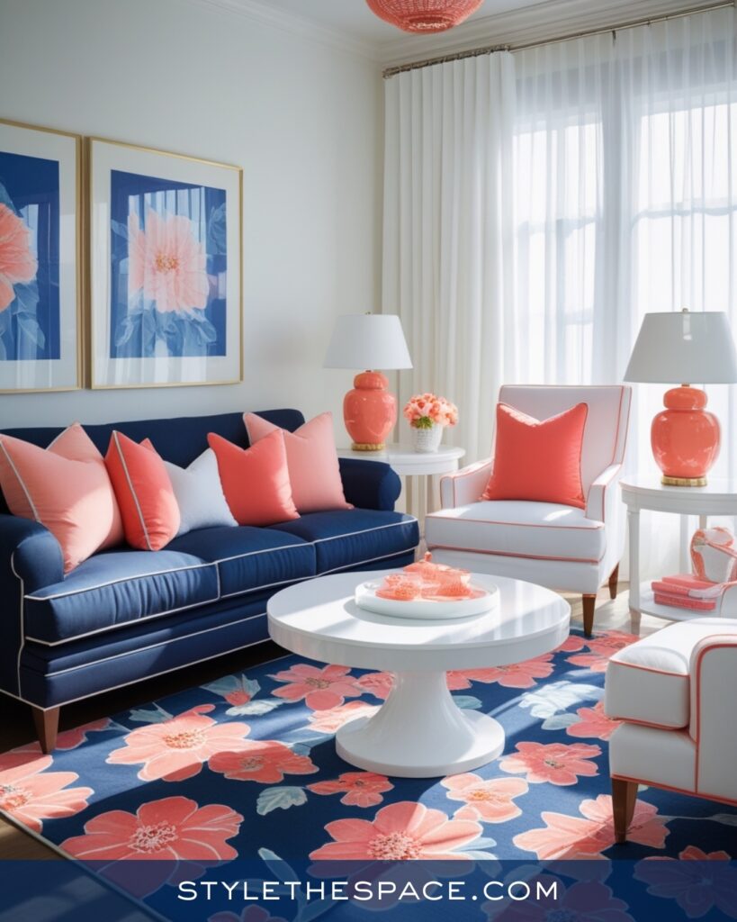 Navy Blue Living Room with Coral and Soft Pink Accents